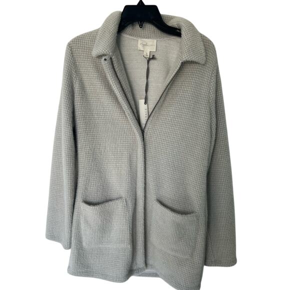 NWT Magnolia Grace Cashmere Zip-Up Gray Herringbone Sweater Jacket